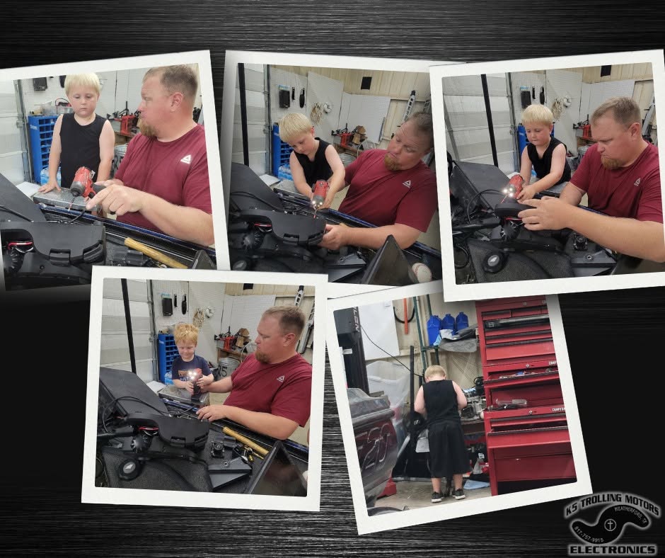 The shop owner and his young son working together on a boat in the K5 shop